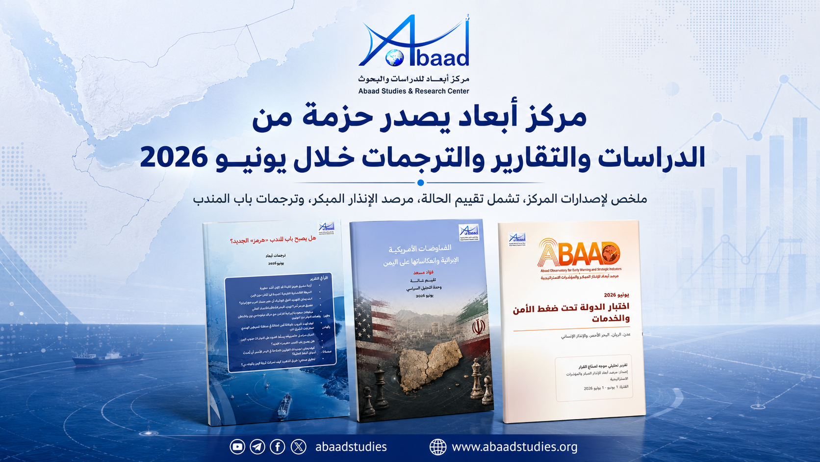 أنشطة أبعاد البحثية في يونيو: دراسة عن المفاوضات الأمريكية ـ الإيرانية وانعكاساتها على اليمن، وتقرير الإنذار المبكر وترجمات متعددة